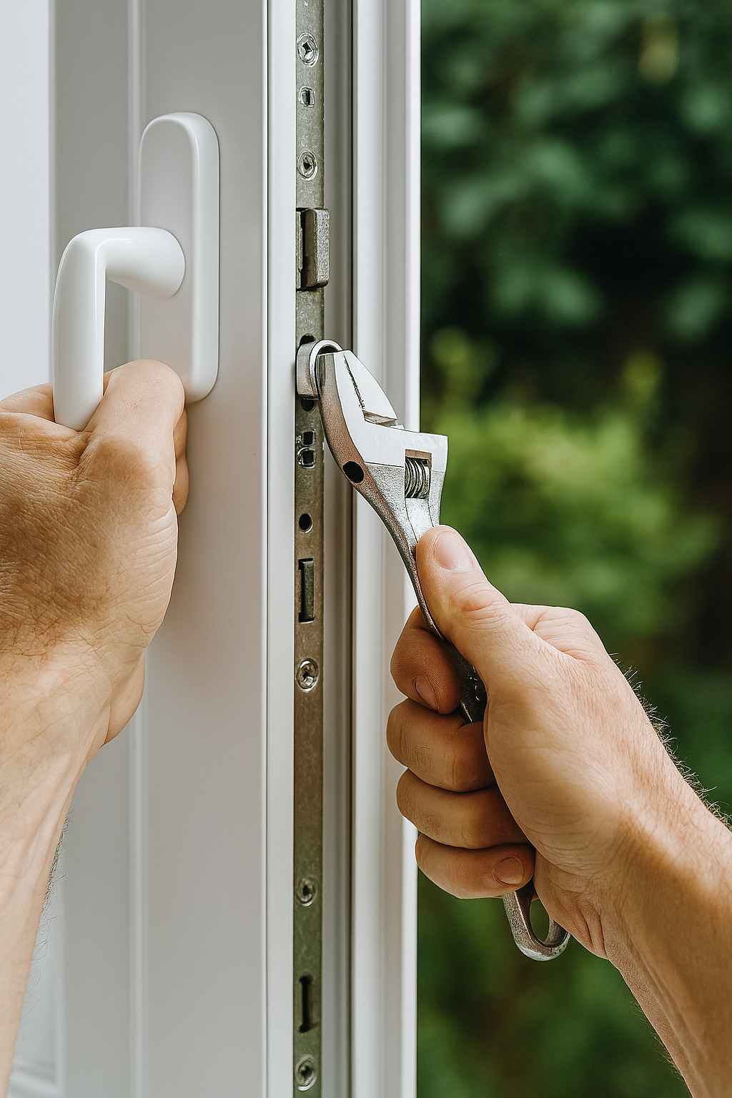 Composite front door being realigned and adjusted on its hinges