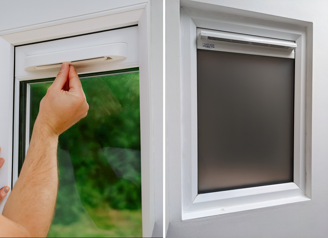 Trickle vent fitted to the top rail of a UPVC window frame